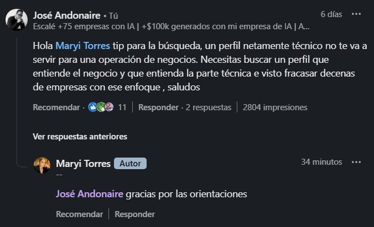 Comentario público en LinkedIn