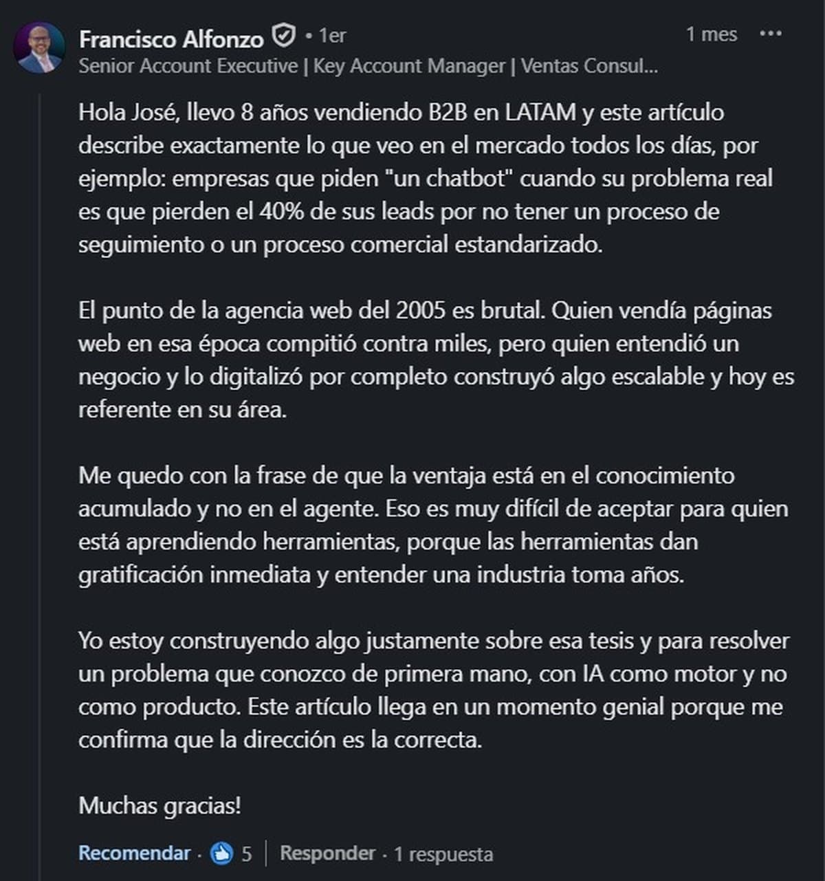 Comentario público en LinkedIn