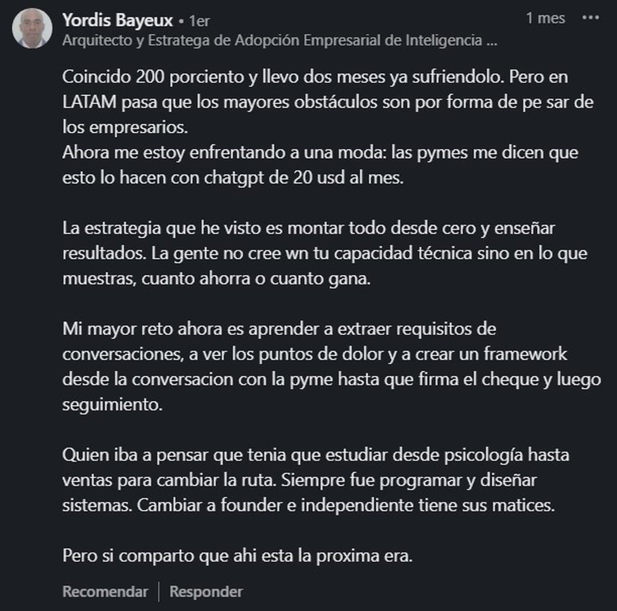 Comentario público en LinkedIn