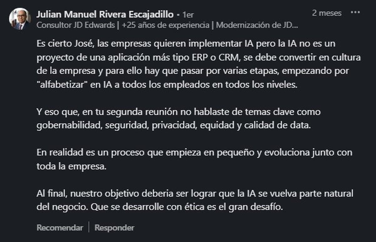 Comentario público en LinkedIn